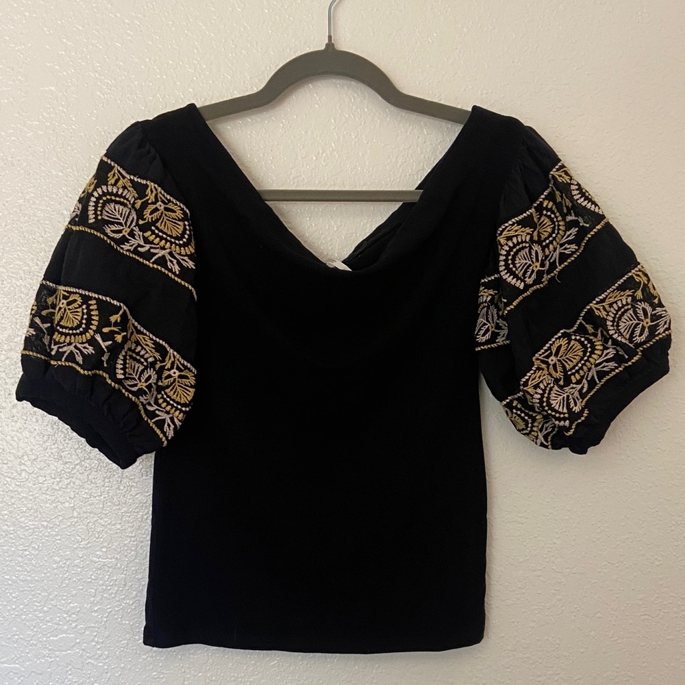 Free People Embroidered Black Puff Sleeve Top